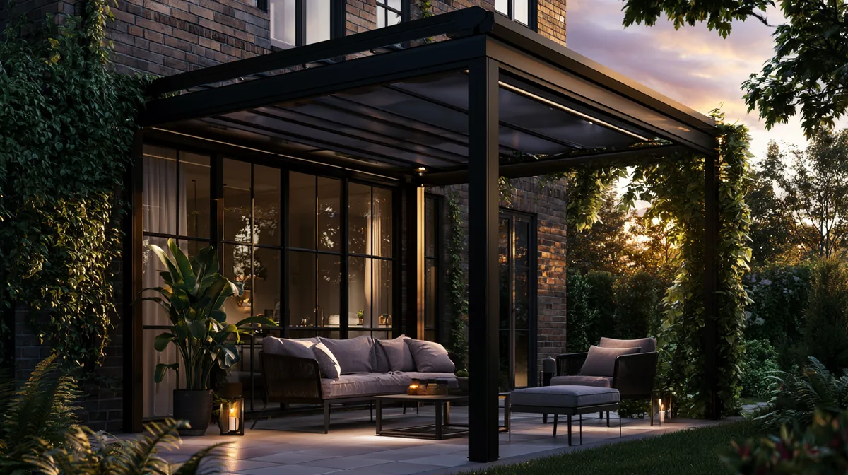 Sleek black metal-frame pergola on a tidy backyard patio, photo 2 of 4
