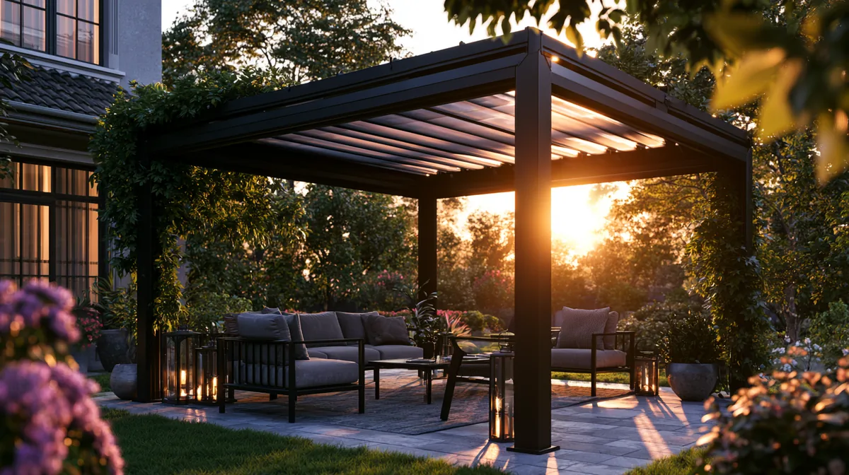 Sleek black metal-frame pergola on a tidy backyard patio, photo 3 of 4