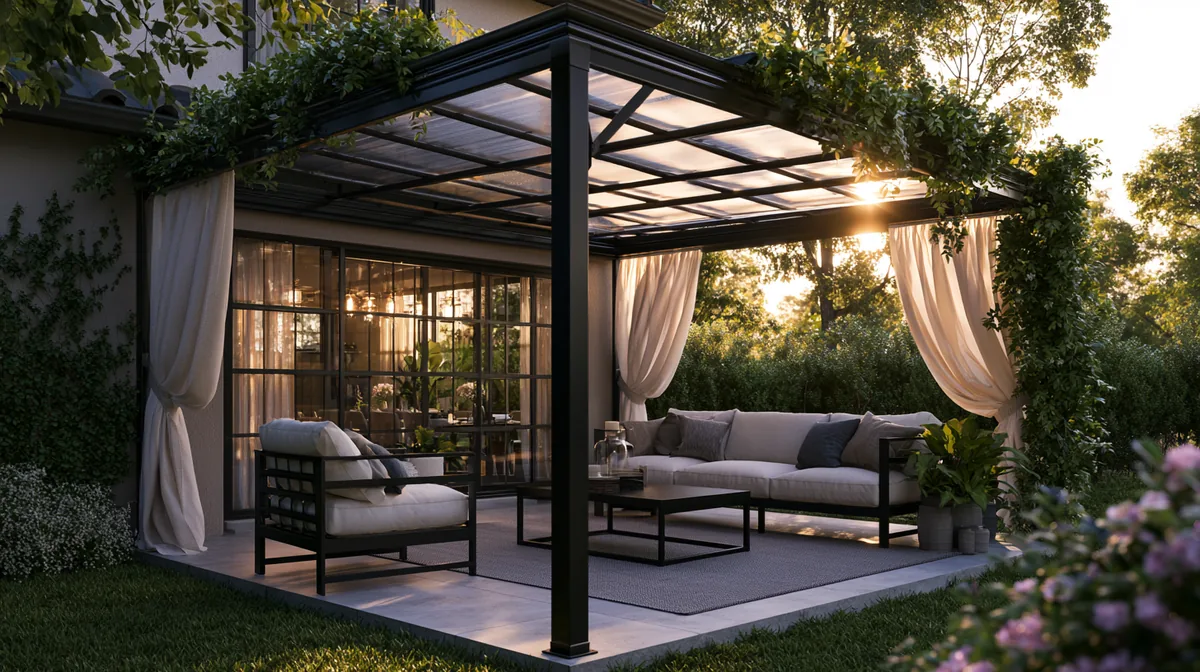 Sleek black metal-frame pergola on a tidy backyard patio, photo 4 of 4