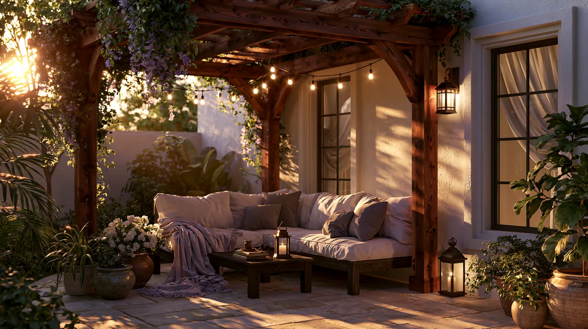 Small backyard patio with a wall-mounted attached pergola, photo 1 of 4