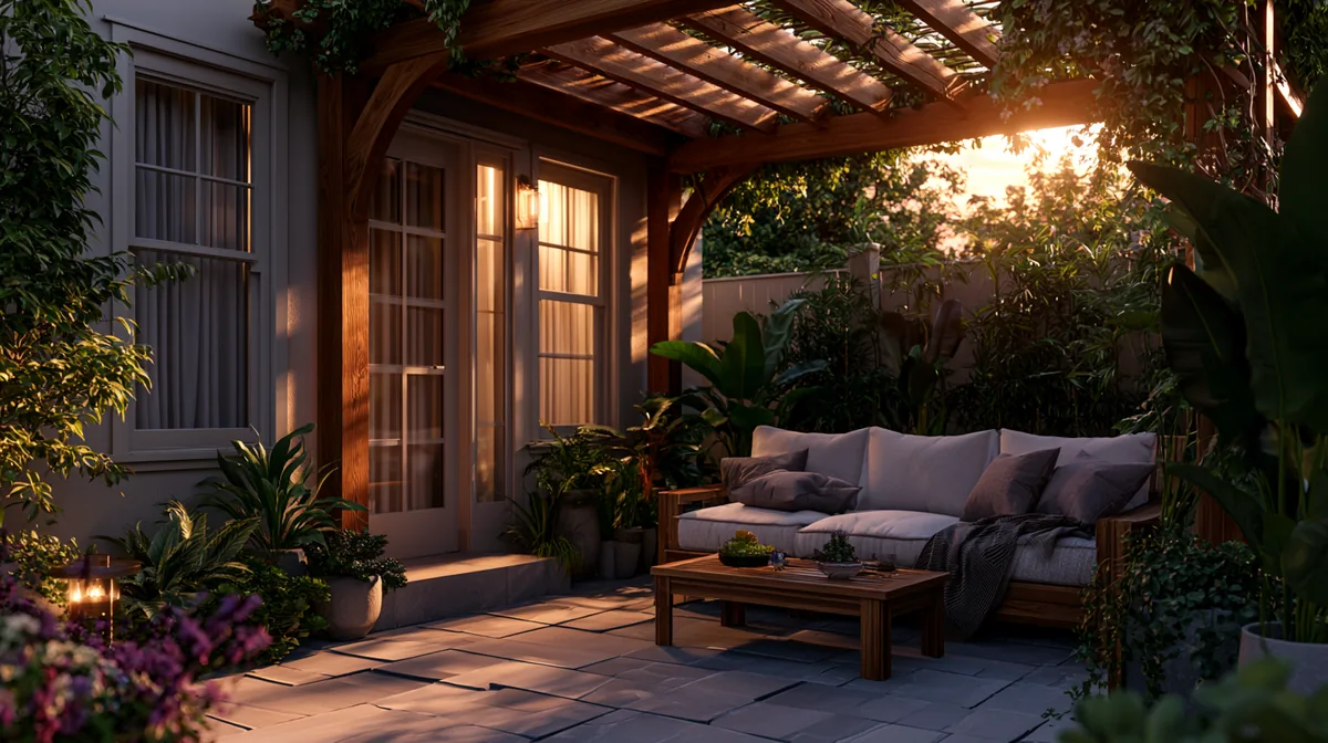 Small backyard patio with a wall-mounted attached pergola, photo 2 of 4