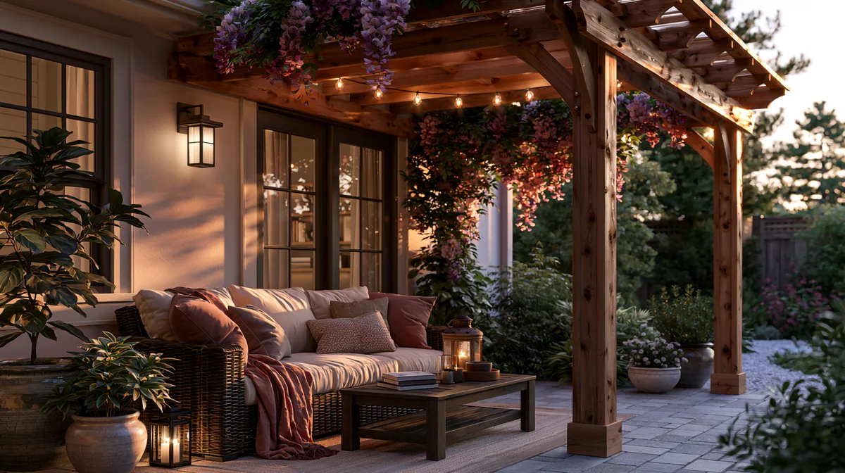 Small backyard patio with a wall-mounted attached pergola, photo 3 of 4