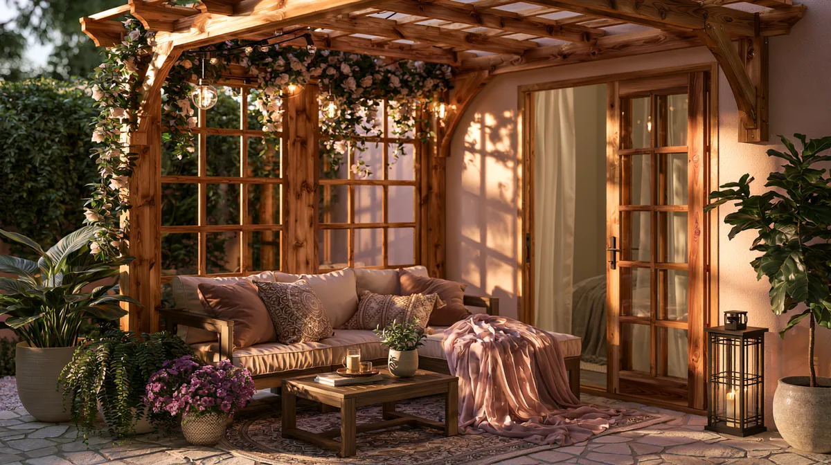 Small backyard patio with a wall-mounted attached pergola, photo 4 of 4