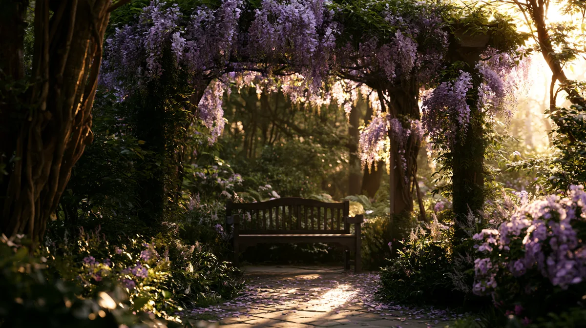 Small patio pergola draped in blooming wisteria, photo 1 of 3