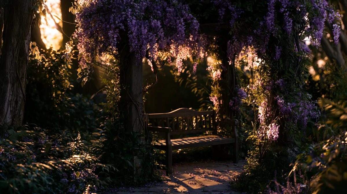 Small patio pergola draped in blooming wisteria, photo 2 of 3