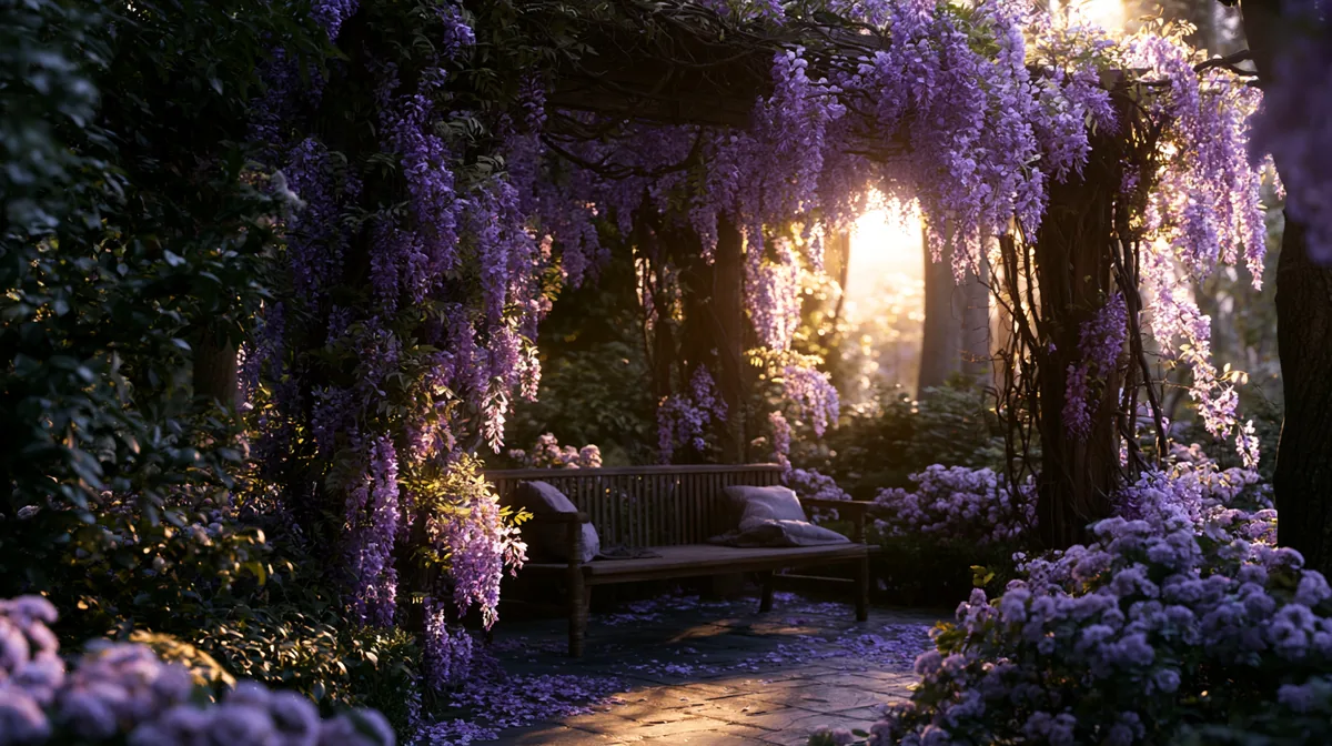 Small patio pergola draped in blooming wisteria, photo 3 of 3