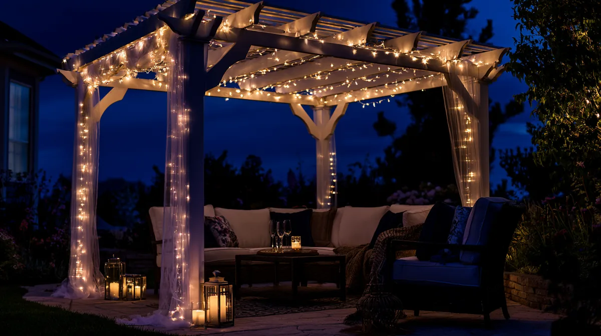 Small patio pergola glowing with warm string lights at dusk, photo 1 of 4