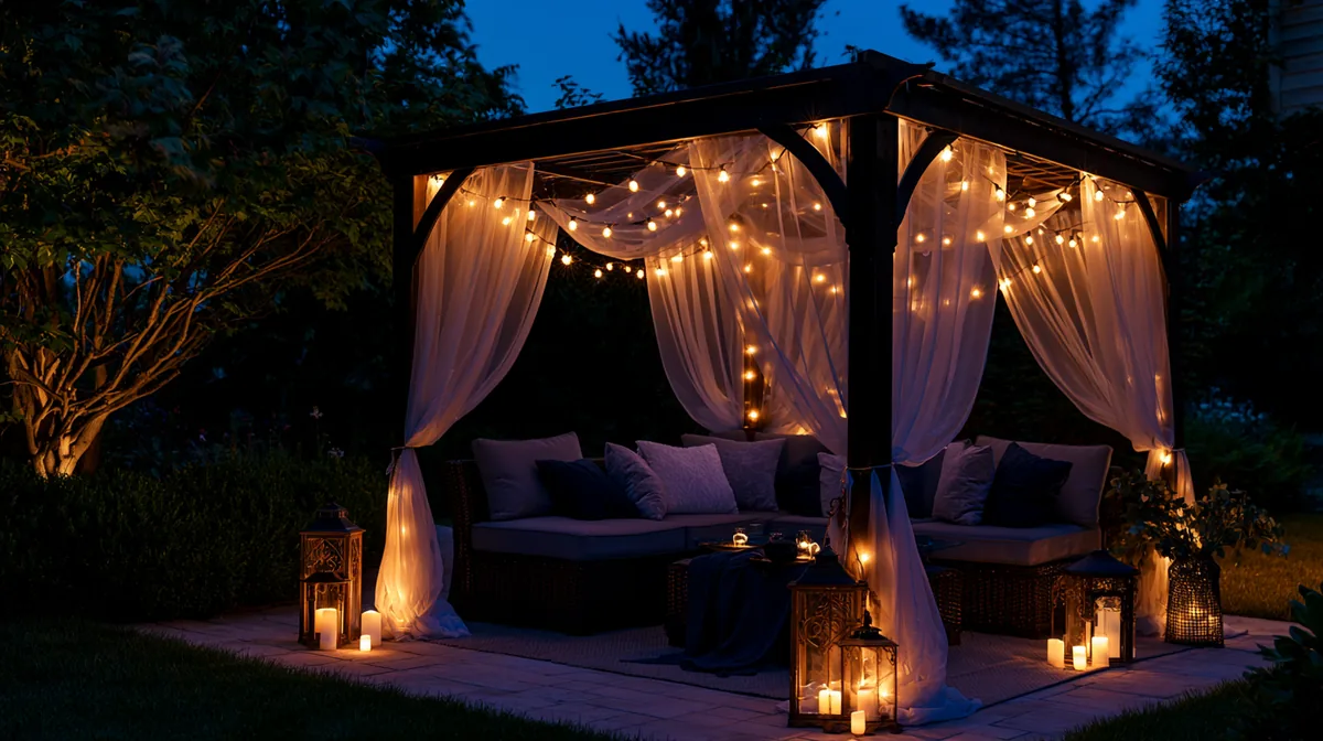 Small patio pergola glowing with warm string lights at dusk, photo 2 of 4
