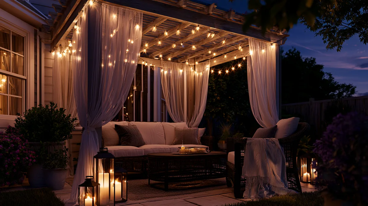 Small patio pergola glowing with warm string lights at dusk, photo 3 of 4