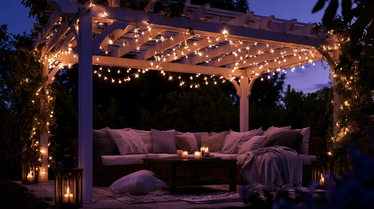 Small patio pergola glowing with warm string lights at dusk, photo 4 of 4