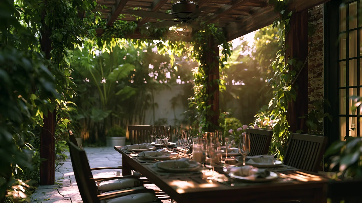Small patio pergola over an outdoor dining set, photo 1 of 4