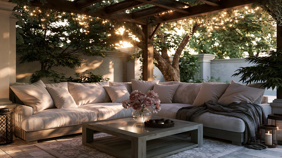 Small patio pergola sheltering a plush outdoor sofa, photo 1 of 3