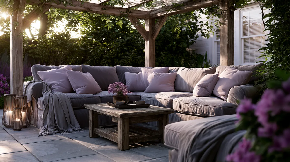 Small patio pergola sheltering a plush outdoor sofa, photo 2 of 3