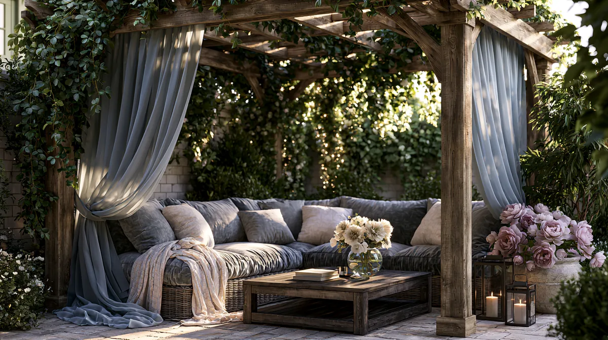 Small patio pergola sheltering a plush outdoor sofa, photo 3 of 3