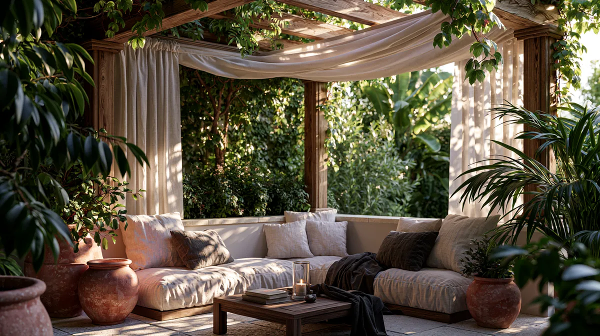 Small patio pergola with a retractable fabric canopy, photo 1 of 4