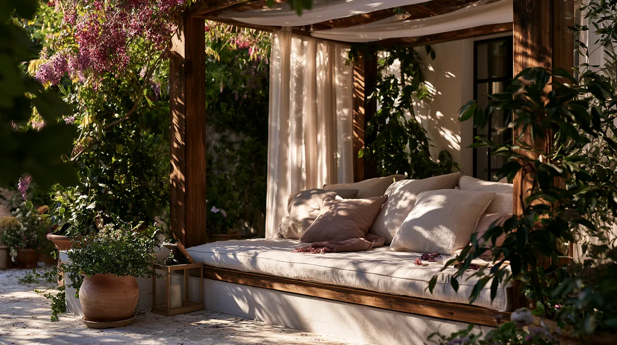 Small patio pergola with a retractable fabric canopy, photo 2 of 4