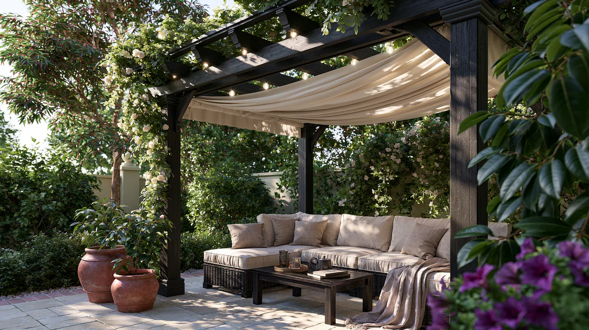 Small patio pergola with a retractable fabric canopy, photo 3 of 4