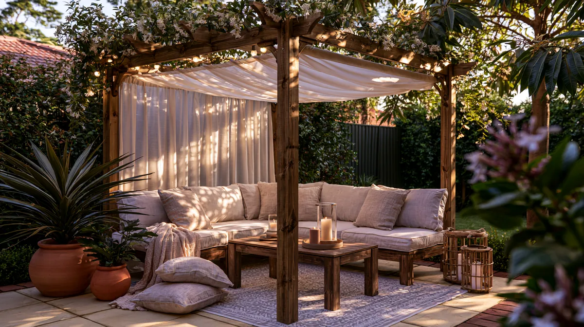 Small patio pergola with a retractable fabric canopy, photo 4 of 4