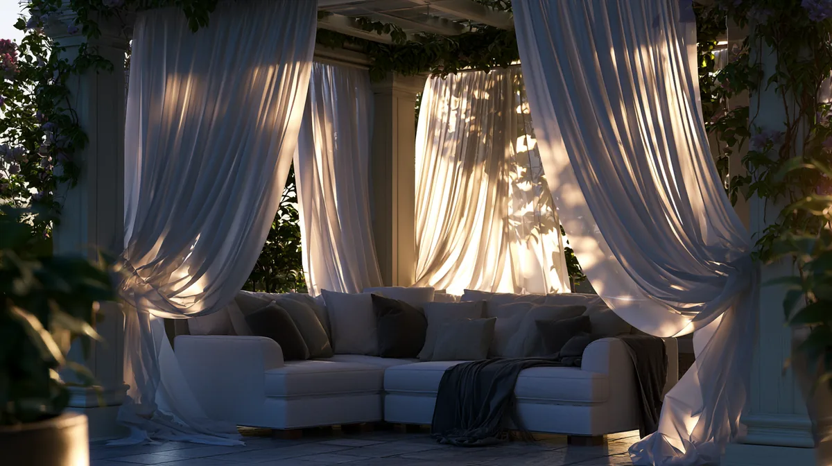 Small patio pergola with flowing fabric curtains, photo 1 of 3