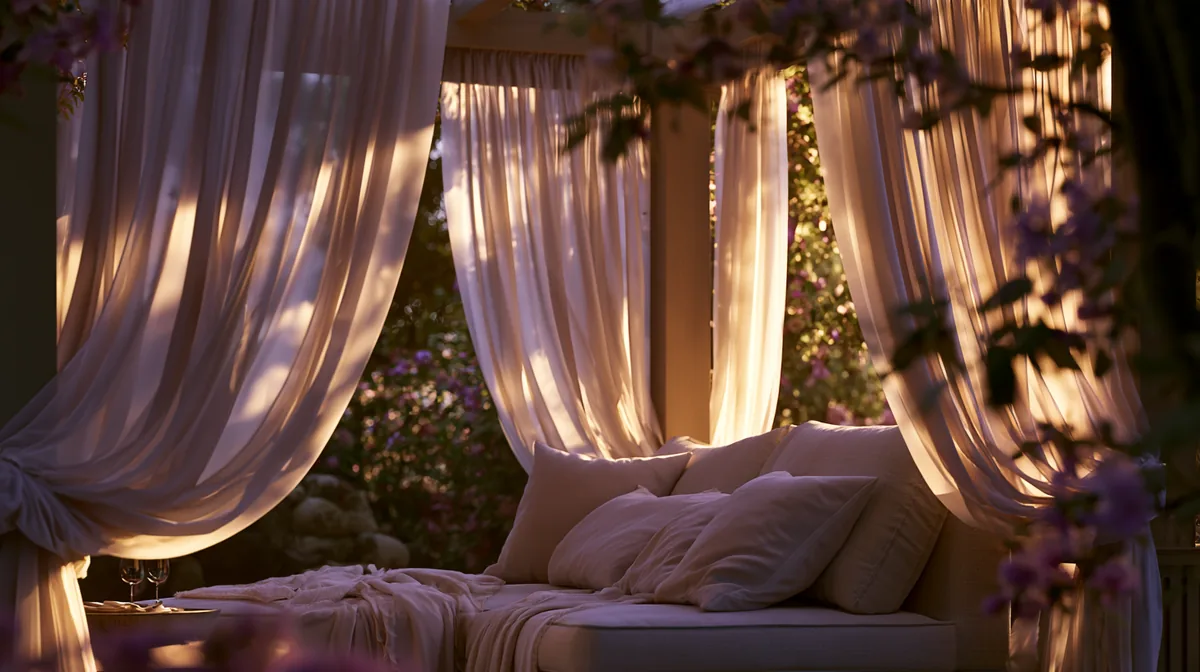 Small patio pergola with flowing fabric curtains, photo 2 of 3