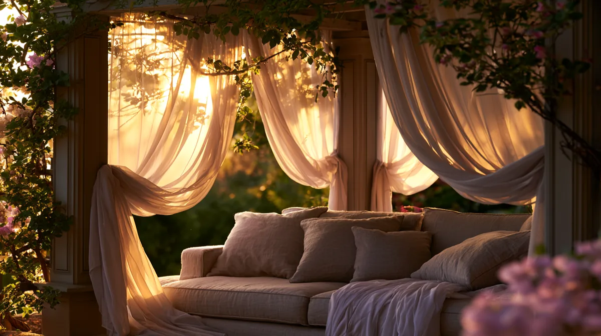 Small patio pergola with flowing fabric curtains, photo 3 of 3