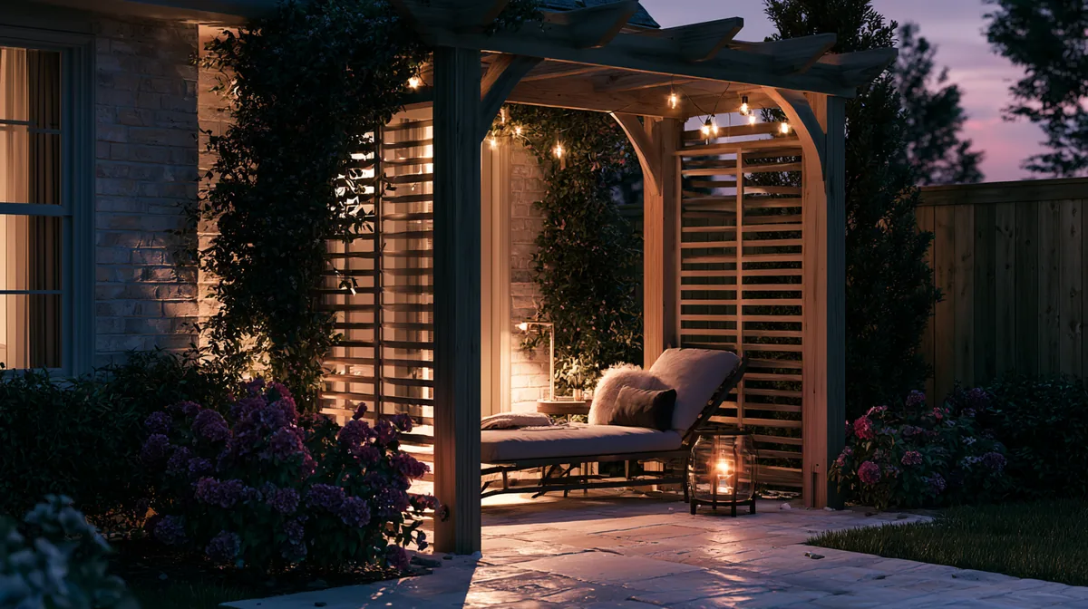 Small patio pergola with slatted privacy screens, photo 1 of 3