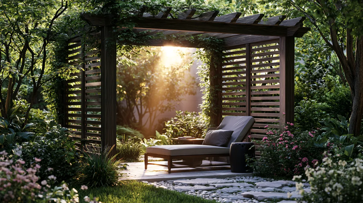 Small patio pergola with slatted privacy screens, photo 2 of 3