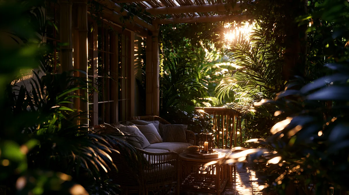 Tropical bamboo pergola shading a small patio, photo 1 of 4