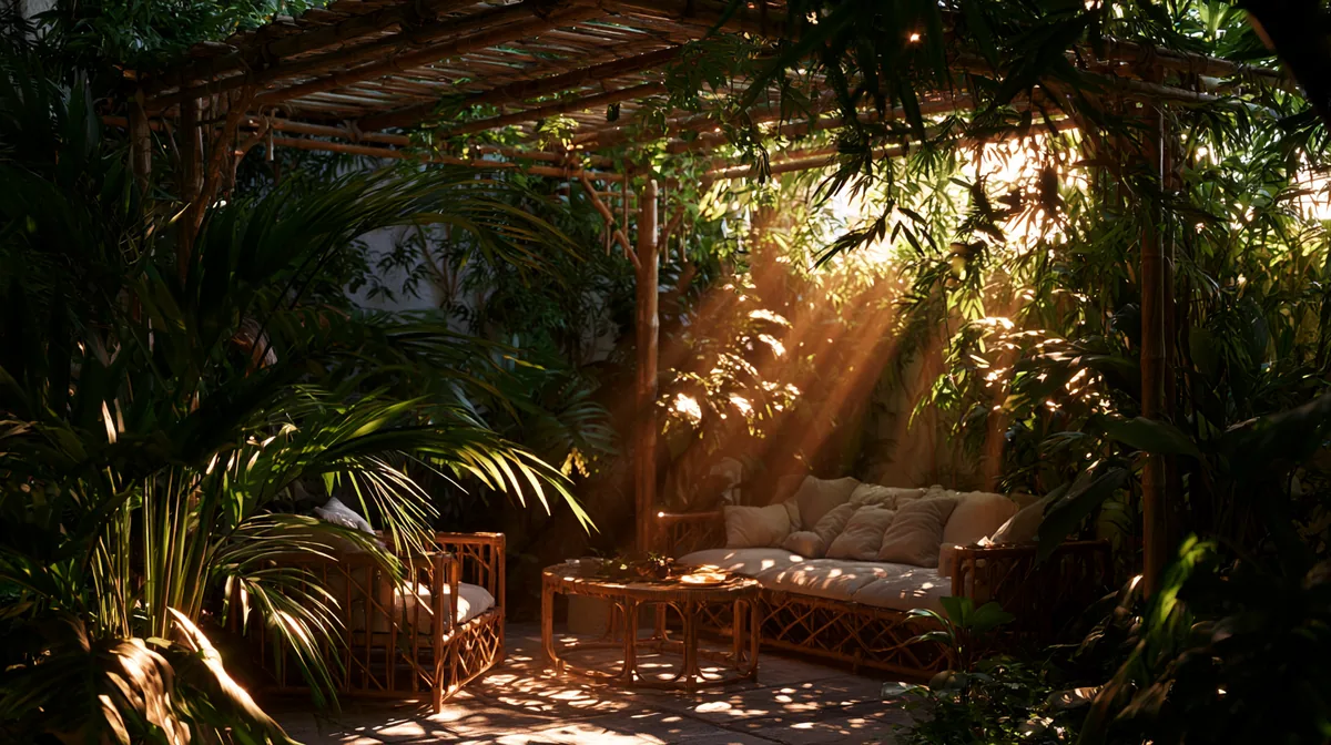 Tropical bamboo pergola shading a small patio, photo 2 of 4