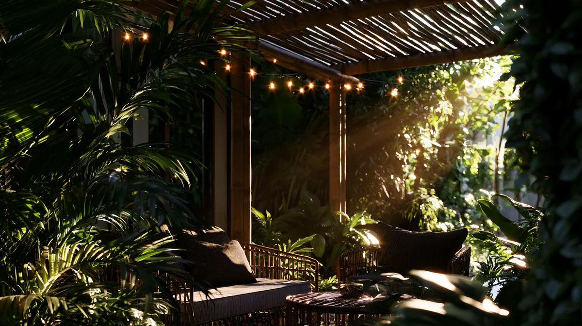 Tropical bamboo pergola shading a small patio, photo 3 of 4