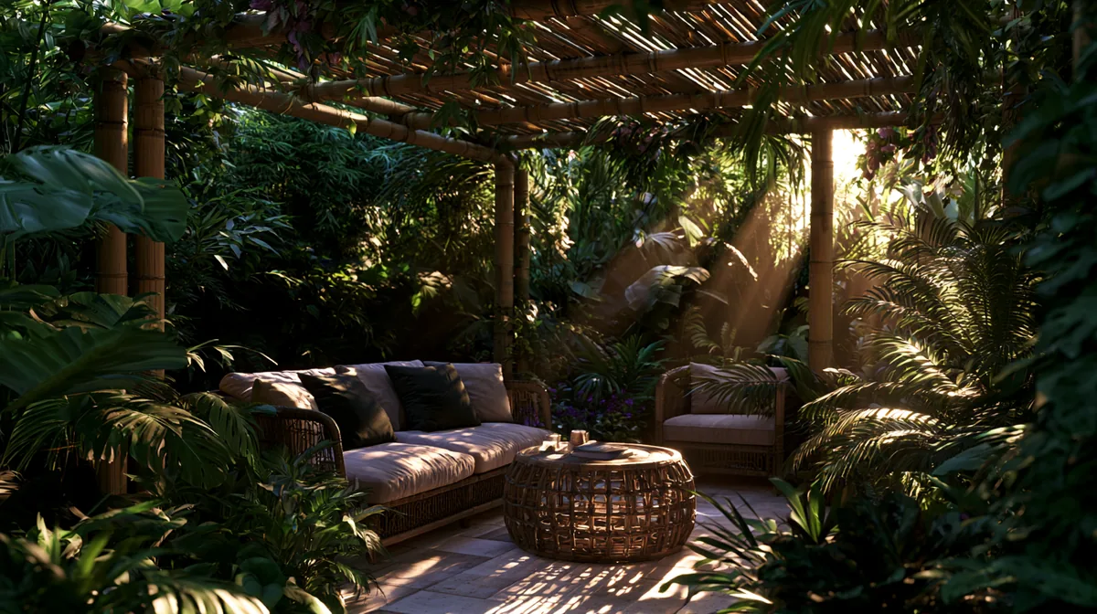 Tropical bamboo pergola shading a small patio, photo 4 of 4
