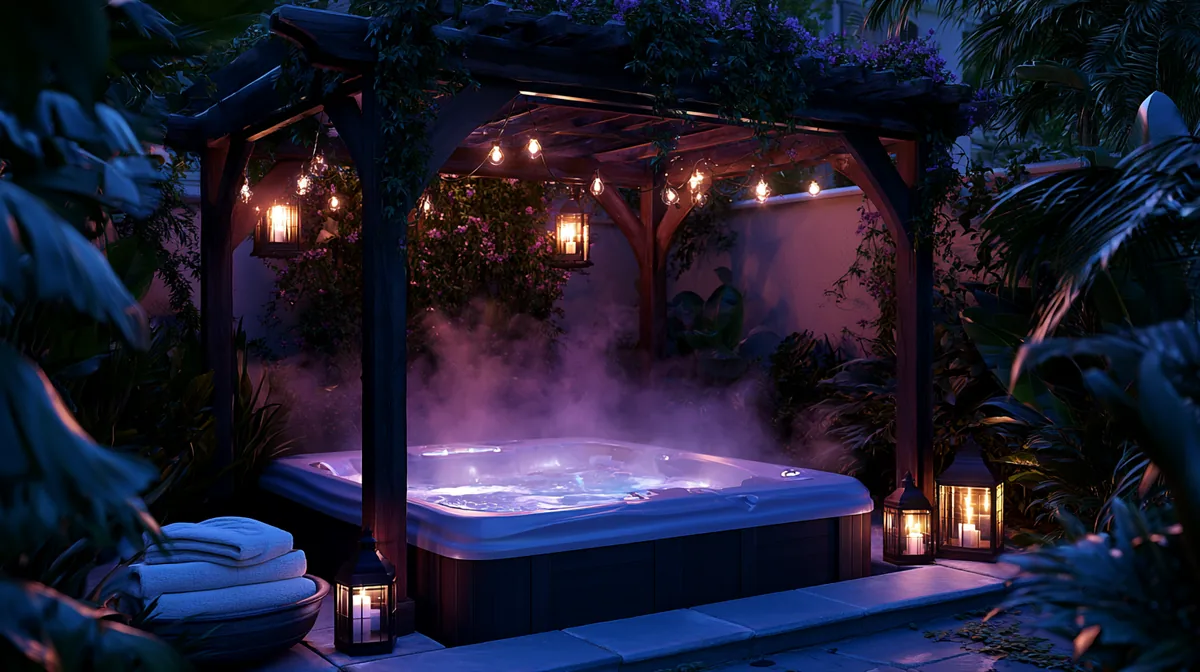 Wooden pergola over a hot tub on a compact backyard patio, photo 1 of 4