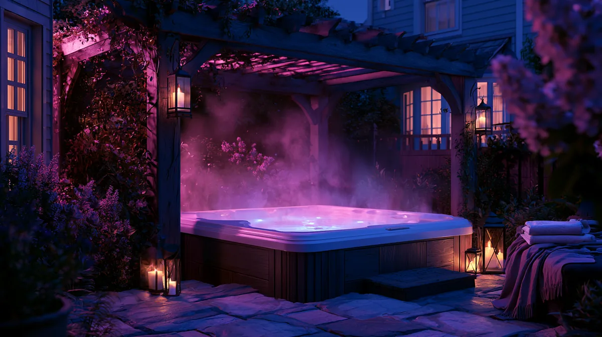 Wooden pergola over a hot tub on a compact backyard patio, photo 2 of 4