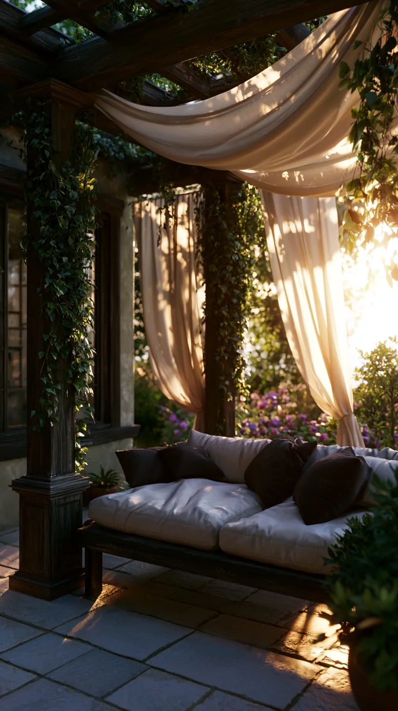 Wooden porch pergola with a soft fabric canopy cover over a seating area, photo 1 of 2