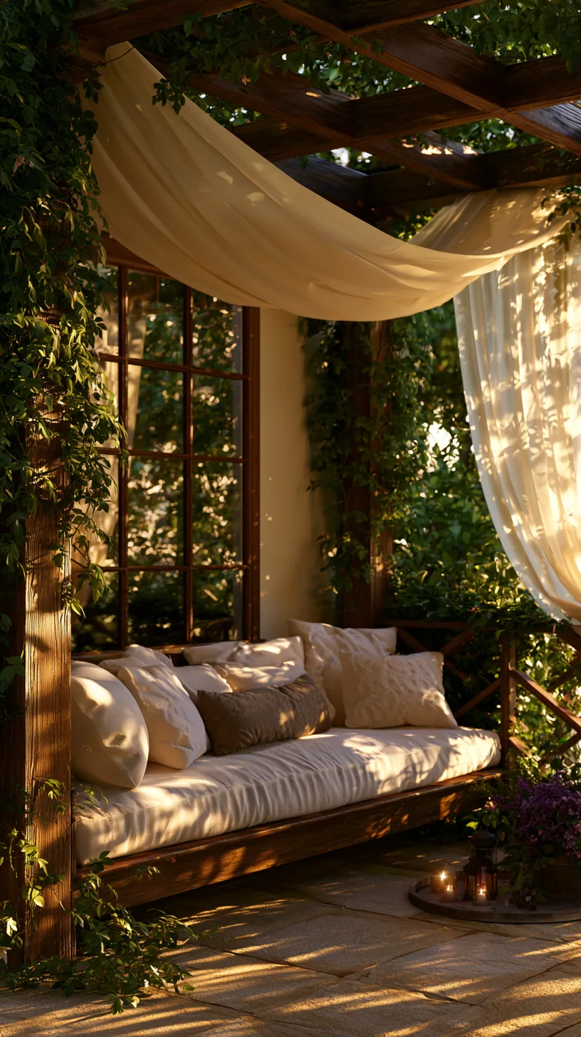 Wooden porch pergola with a soft fabric canopy cover over a seating area, photo 2 of 2