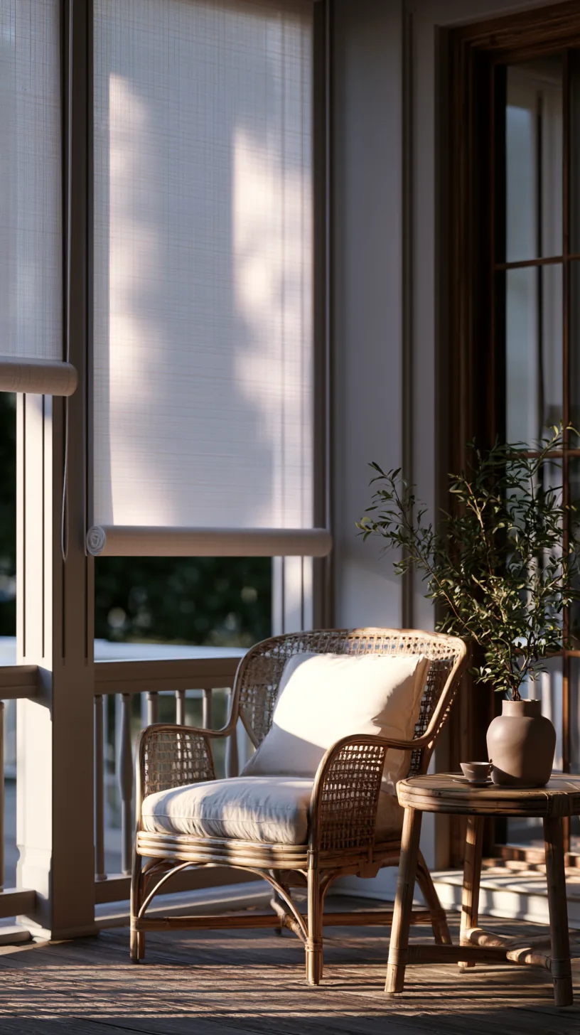 Outdoor roller shades pulled partway down along the edge of a shaded porch, photo 4 of 4