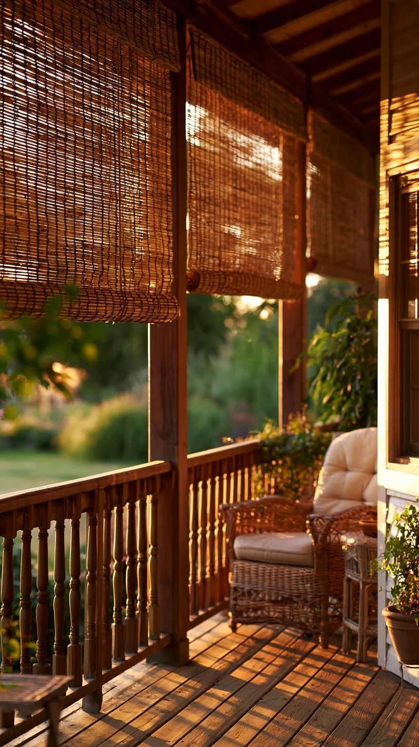 Bamboo roll-up blinds filtering warm light onto a natural-style porch, photo 1 of 4