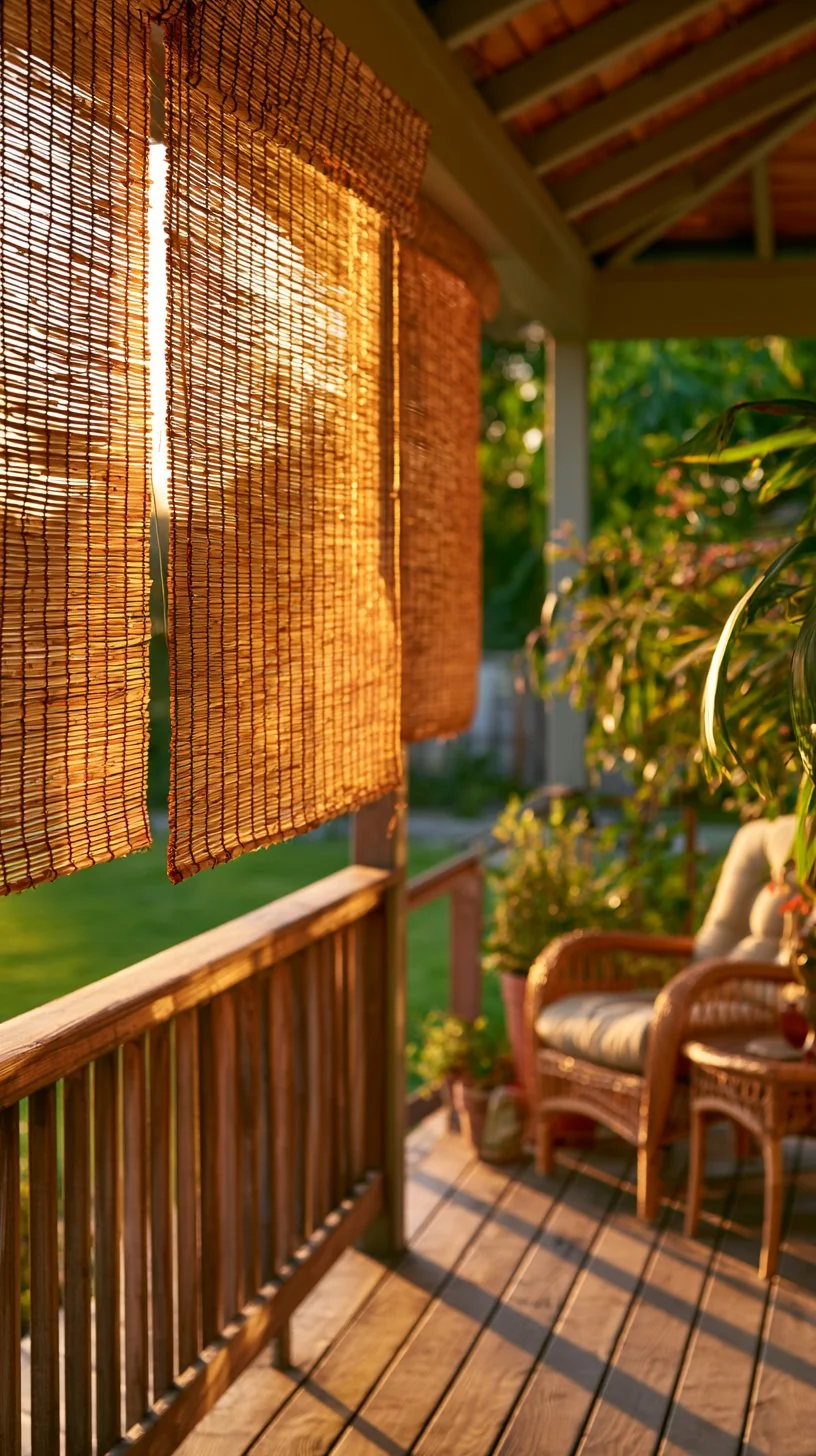 Bamboo roll-up blinds filtering warm light onto a natural-style porch, photo 2 of 4
