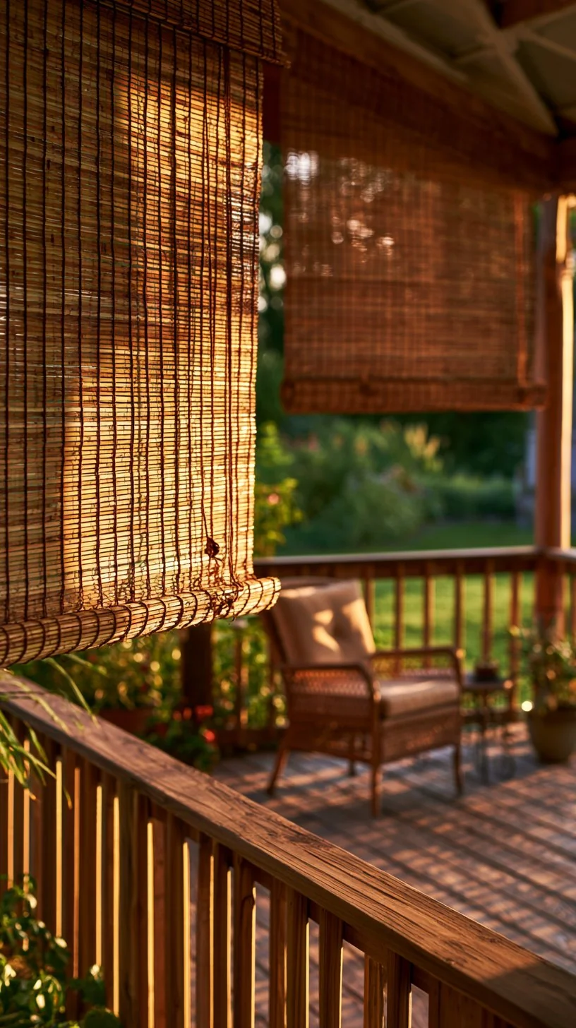 Bamboo roll-up blinds filtering warm light onto a natural-style porch, photo 4 of 4