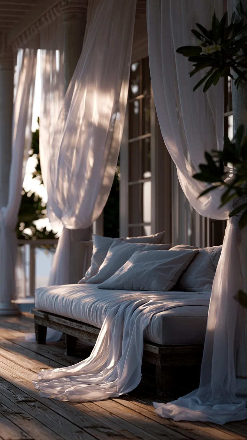 Sheer white outdoor curtains swaying softly on a breezy shaded porch, photo 1 of 4