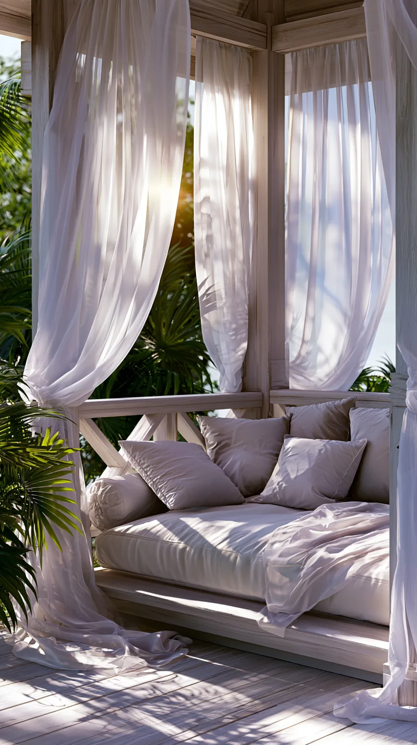 Sheer white outdoor curtains swaying softly on a breezy shaded porch, photo 2 of 4