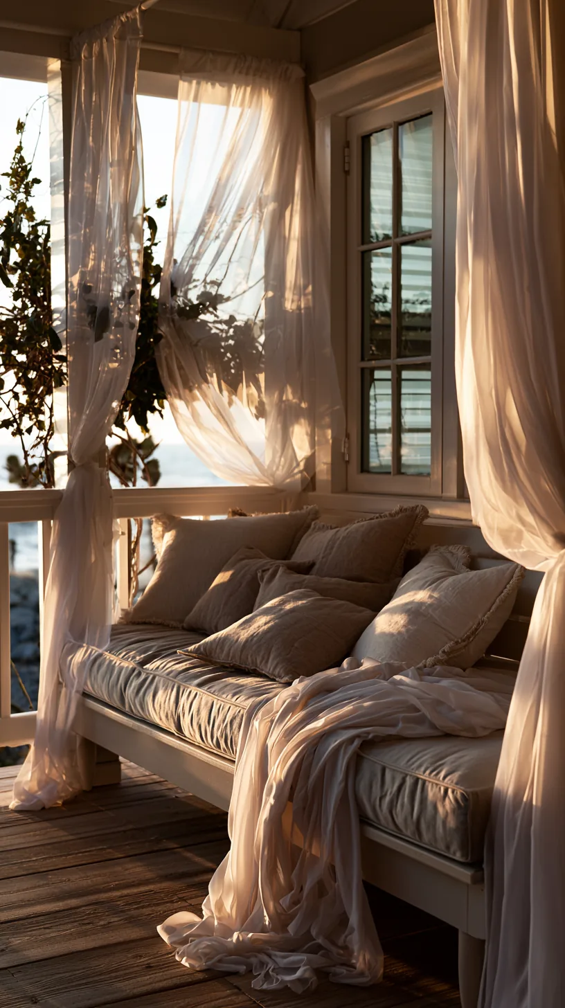 Sheer white outdoor curtains swaying softly on a breezy shaded porch, photo 3 of 4