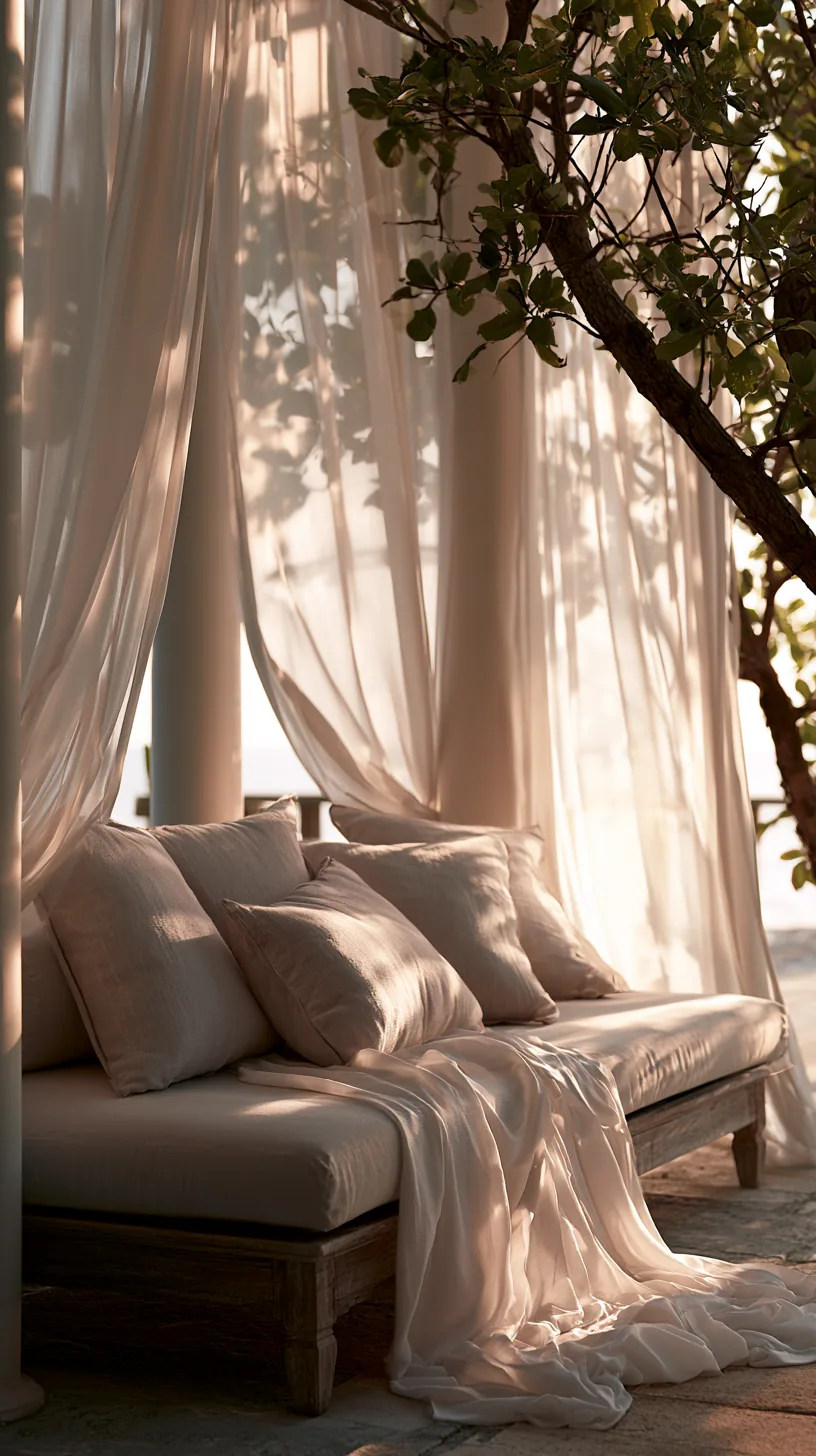 Sheer white outdoor curtains swaying softly on a breezy shaded porch, photo 4 of 4
