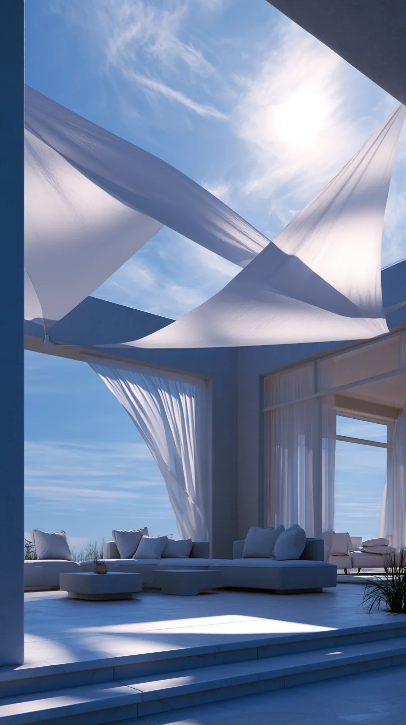 Triangular sun sail shades stretched overhead above a modern porch, photo 1 of 4