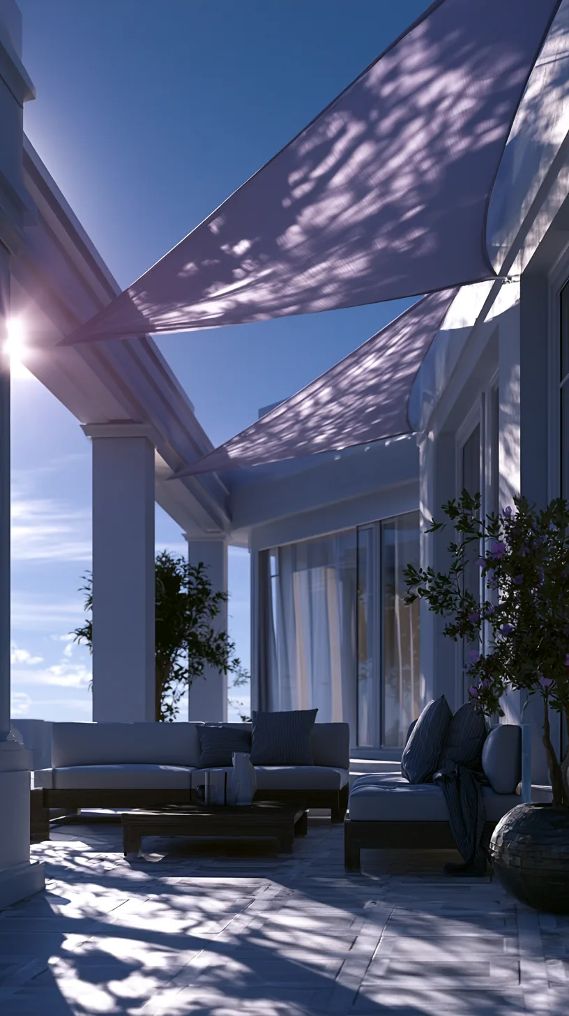 Triangular sun sail shades stretched overhead above a modern porch, photo 2 of 4