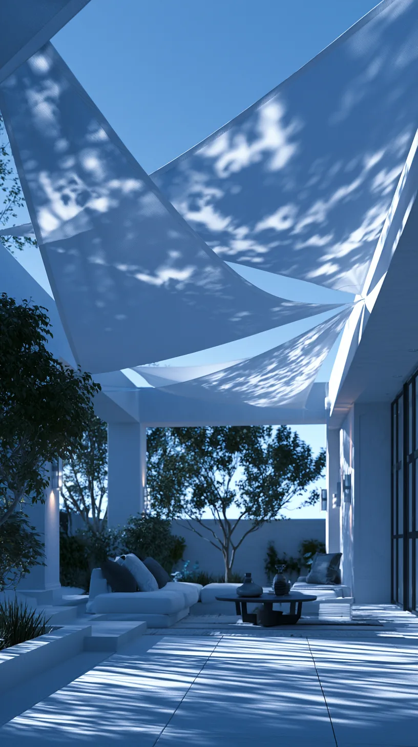 Triangular sun sail shades stretched overhead above a modern porch, photo 3 of 4