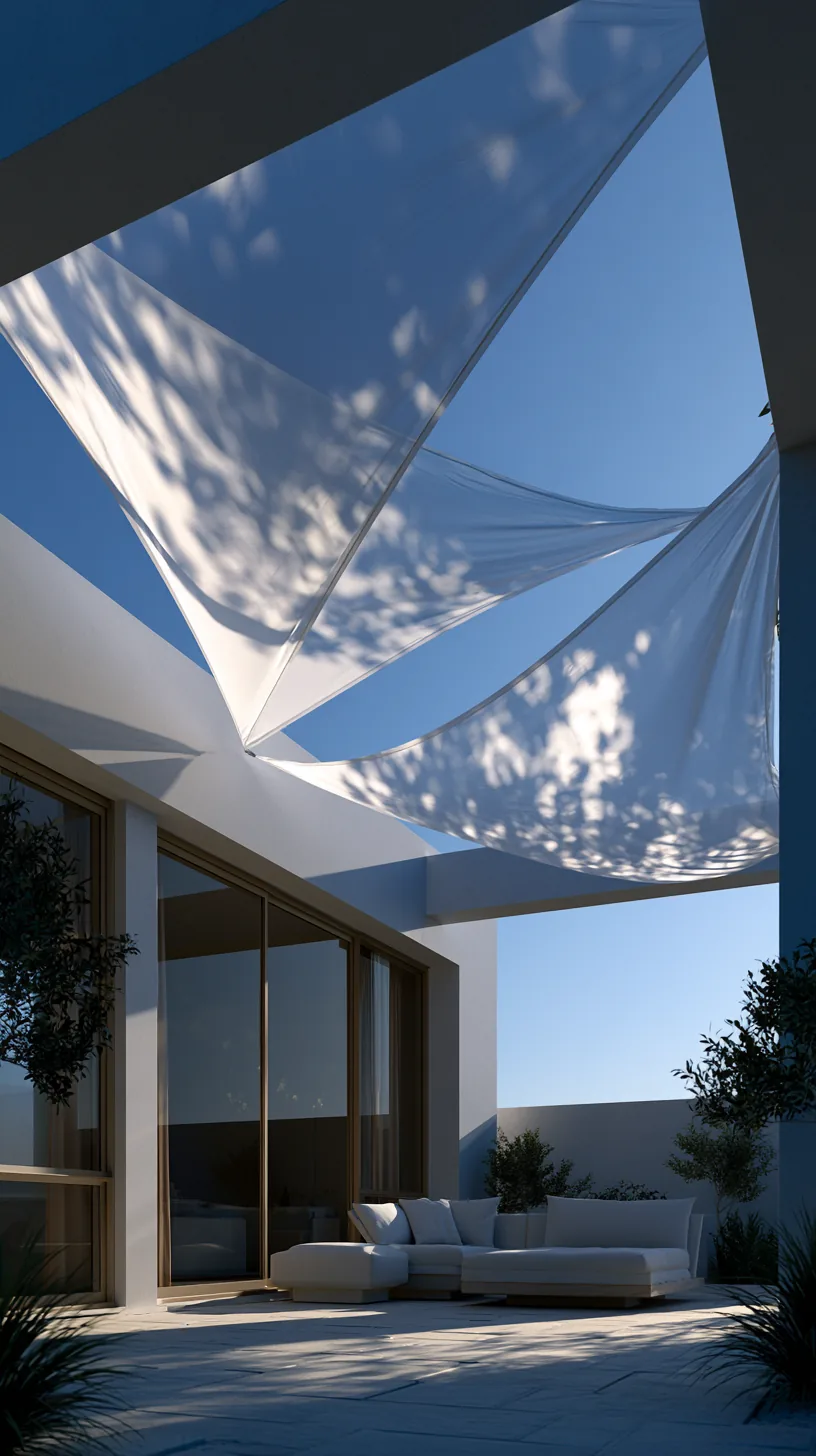 Triangular sun sail shades stretched overhead above a modern porch, photo 4 of 4