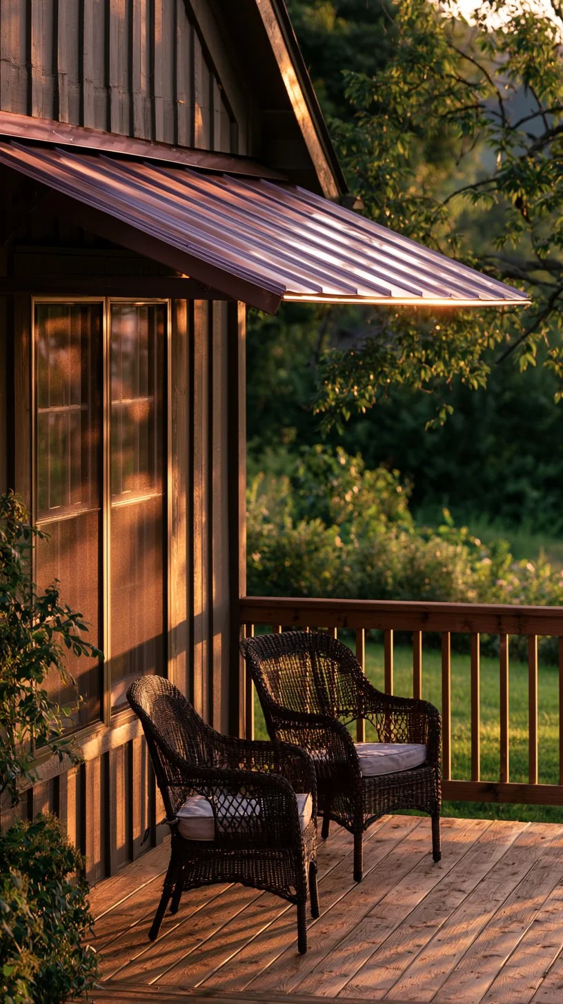 Fixed metal awning providing permanent shade over a tidy front porch, photo 1 of 4