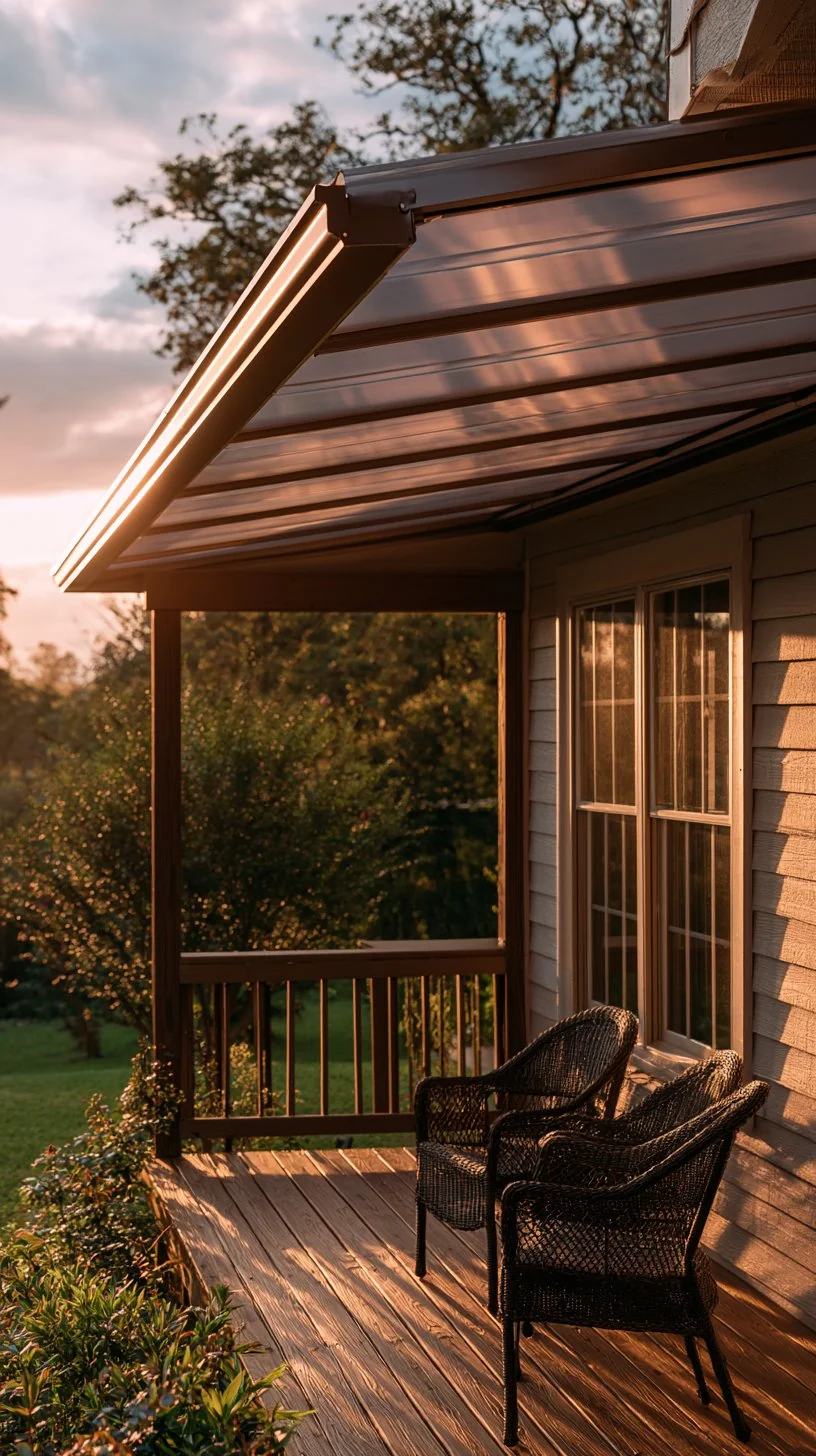 Fixed metal awning providing permanent shade over a tidy front porch, photo 2 of 4
