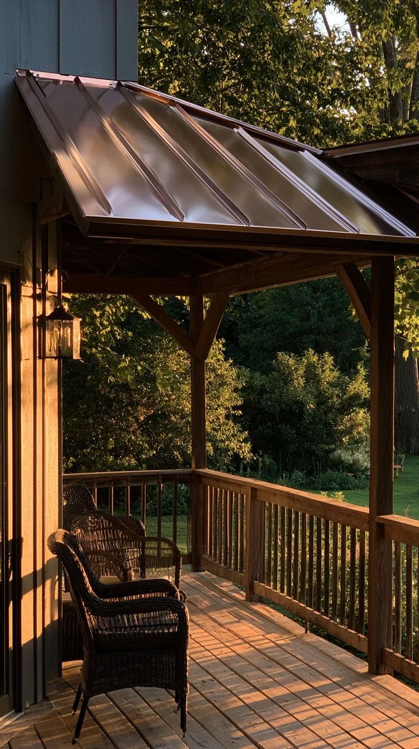 Fixed metal awning providing permanent shade over a tidy front porch, photo 3 of 4